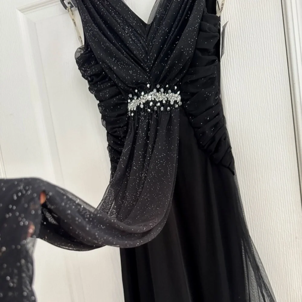 NWT A-Line Formal Maxi Dress‎ Sleeveless V-Neck Tulle Beaded Evening Gown Black